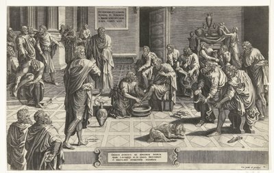 Cristo fue de voeten van de discipelen El Señor de todos se postra de rodillas para lavar los pies de sus siervos, ejemplo de singular humildad (título sobre objeto) de Hans Collaert (I) (attributed to)