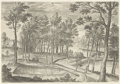 Vista de los estanques de La Cambre En Camere (título sobre el objeto) Lugares de interés del área de Bruselas (título de la serie) de Hans Collaert (I)