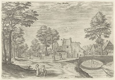 Vista del camino a la puerta de la ciudad de Bruselas Overmolen Acerca de Meulen (título en el objeto) Lugares de interés del área de Bruselas (título de la serie) de Hans Collaert (I)