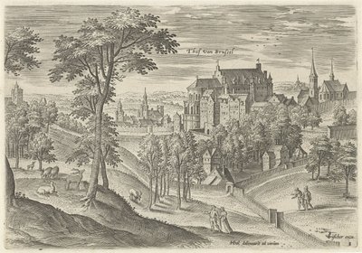 Vista del Tribunal de Bruselas Tribunal de Bruselas (título sobre objeto) Lugares de interés del área de Bruselas (título de la serie) de Hans Collaert (I)