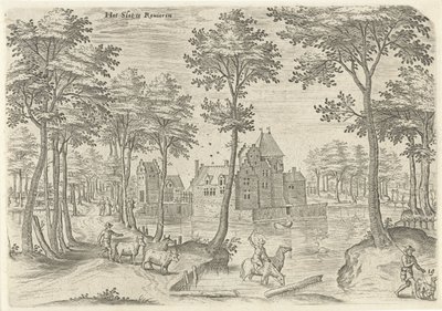 Vista del Castillo de Rivieren Reverendo la cerradura (título en objeto) Lugares de interés del área de Bruselas (título de la serie) de Hans Collaert (I)