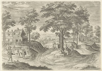 Vista de la leprosería de Scheut. El laserije en route schuet (título sobre objeto) Lugares de interés del área de Bruselas (título de la serie) de Hans Collaert (I)