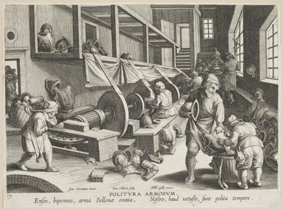 Politura Armorum (Pulido de Armas), lámina 17 de la serie Nova Reperta (Descubrimientos Modernos) c.1588 (grabado en papel verjurado) de Hans Collaert