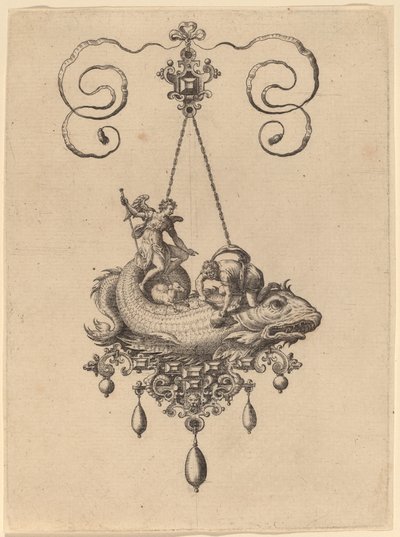 Diseño para un colgante con un pez que lleva a Tobías y el ángel de Hans Collaert the Elder
