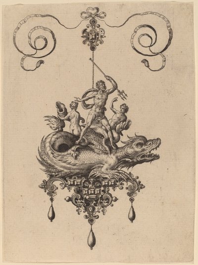 Diseño para un Colgante con un Monstruo Marino que Lleva a Neptuno Flanqueado por Dos Figuras de Hans Collaert the Elder