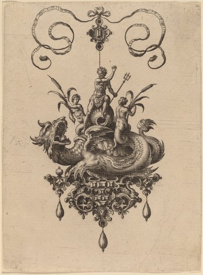 Diseño para un colgante con un monstruo marino llevando a Neptuno flanqueado por dos nereidas de Hans Collaert the Elder