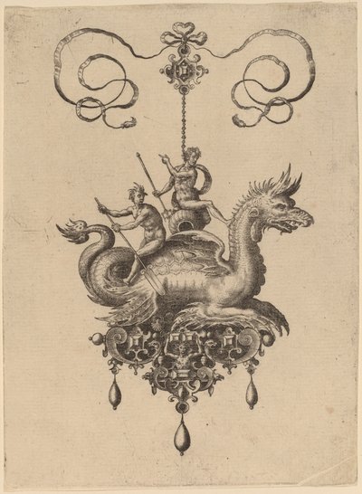 Diseño para un colgante con un monstruo marino llevando a Neptuno en una urna flanqueada por un dios del río con un remo de Hans Collaert the Elder
