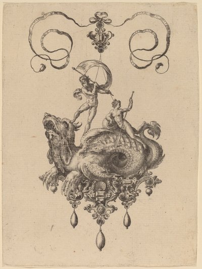 Diseño para un colgante con un monstruo marino llevando a Tetis y un hombre con una vela de Hans Collaert the Elder