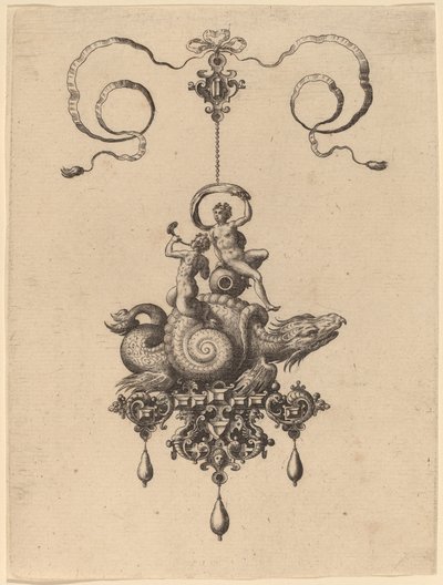 Diseño para un colgante con un monstruo marino en una concha llevando un tritón y una mujer con una vela de Hans Collaert the Elder