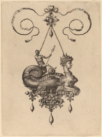 Diseño para un Colgante con una Esfinge con Cuerpo de Pez que Lleva a un Hombre con un Remo de Hans Collaert the Elder