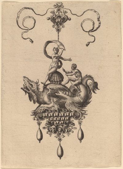 Diseño para un Colgante con un Monstruo Marino Alado que Lleva a Venus Anadyomene en una Concha y un Hombre con un Remo de Hans Collaert the Elder