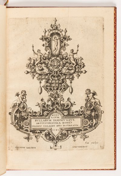 Placa 1, Página de título de una serie de diez, titulada Monilium Bullarum Inauriumque Artificiocissimae Icones, Ioannis Collaert Opus Postremum (Diseños para collares, colgantes y pendientes de la más alta habilidad, la obra final de Joannis Collaert) de Hans Collaert the Elder