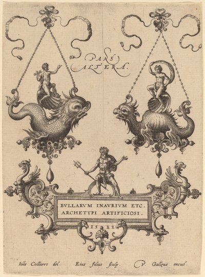 Placa de título con diseños para colgantes de Hans Collaert the Elder