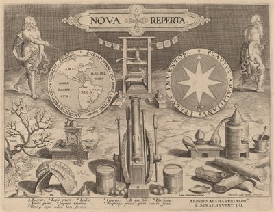 Página de título para Nova Reperta (Nuevos descubrimientos) de Hans Collaert the Younger after Jan van der Straet