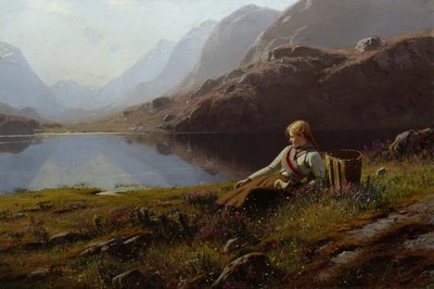 Chica tejiendo junto al lago de la montaña (óleo sobre lienzo) de Hans Dahl