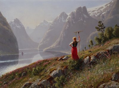 Chica con un rastrillo en el paisaje del fiordo de Hans Dahl