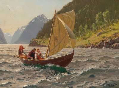 Paseo en velero en paisaje de fiordos noruegos de Hans Dahl