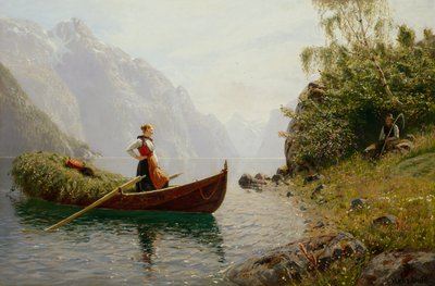Mujer y hombre en un paisaje de fiordos de Hans Dahl