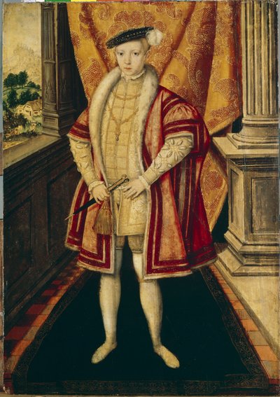 Retrato del rey Eduardo VI (1537-1553) de Inglaterra e Irlanda (Retrato del rey Eduardo VI de Inglaterra). tercer soberano de la dinastía Tudor, es el primer soberano protestante en ascender al trono. Pintura de Hans Eworth (Ewouts) (circa de Hans Eworth or Ewoutsz