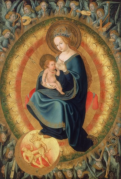María amamantando al niño en una gloria de ángeles de Hans Fries