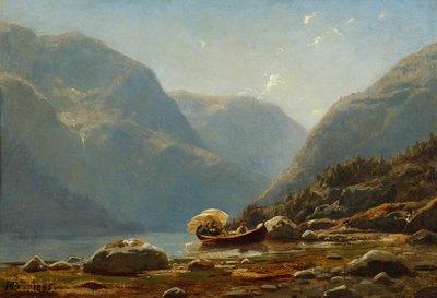 Paisaje de fiordos con gente en bote de remos de Hans Gude