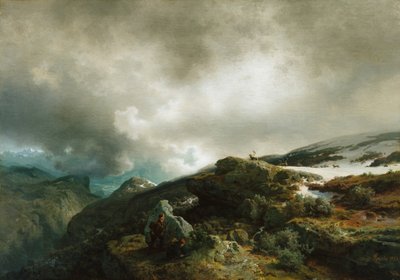 Paisaje de alta montaña con cazadores de renos (pintura) de Hans Gude