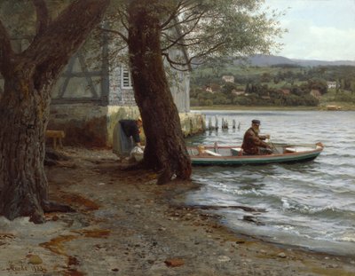 Gente en un bote de remos en la playa de Hans Gude