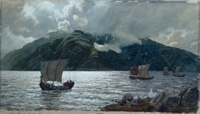 Barcos vikingos, Sognefjord (acuarela, bolígrafo, lápiz y gouache sobre papel) de Hans Gude
