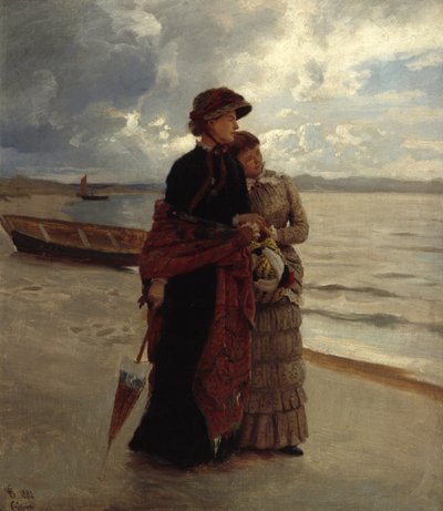 Paseo por la playa, Rügen (óleo sobre lienzo) de Hans Gude