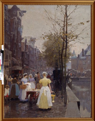 "Una mañana de octubre en Ámsterdam" Los sirvientes están ocupados en las calles. Pintura de Hans Hermann (1813-1890) Siglo XIX Museo Regional de Arte, Simferopol Ucrania de Hans Hermann