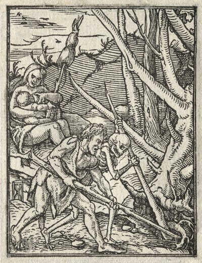 La Danza de la Muerte: Expulsión del Paraíso; Adán Cultivando la Tierra de Hans Holbein