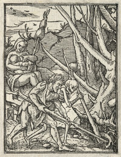 La Danza de la Muerte: Expulsión del Paraíso, Adán Cultivando la Tierra de Hans Holbein