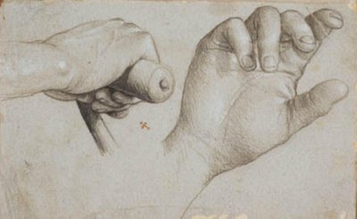 Estudios de la mano de un ballestero y de la mano derecha de San Sebastián de Hans Holbein d.Æ.