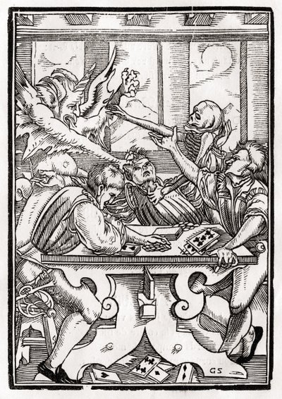 La muerte y el diablo vienen por el jugador de cartas, grabado por Georg Scharffenberg, de 