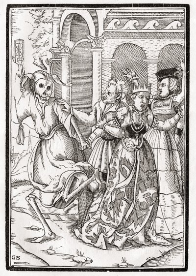 La muerte llega para la reina, grabado por Georg Scharffenberg, de 