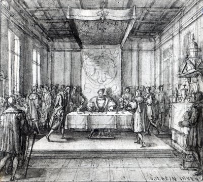 Enrique VIII en su cámara privada (pluma, tinta y lavado sobre papel) de Hans Holbein der Jüngere