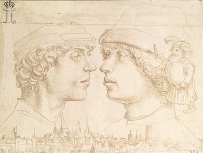 Retratos de dos jóvenes, un enano y un paisaje urbano, c.1514 de Hans Holbein der Jüngere