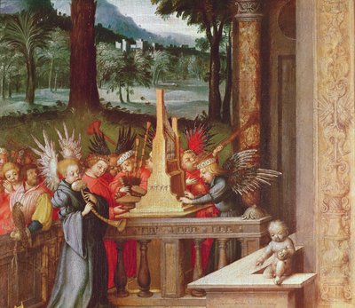 Virgen, Niño y Santos (detalle de ángeles tocando el órgano) de Hans Holbein the Elder