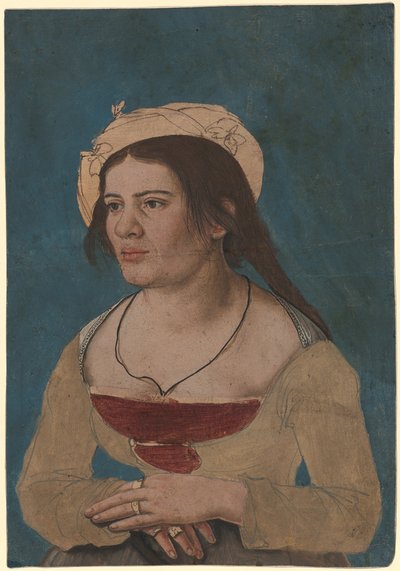 Hans Holbein el Joven (circa) - Retrato de una joven con corpiño rojo, Inv. 1823.143 de Hans Holbein the Younger