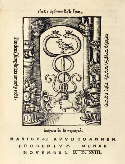Marca de impresor de Johann Frobens (c.1460-1527) mostrando dos manos sosteniendo el caduceo de la tercera edición de 1518 de 