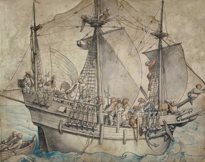 Barco con marineros festivos, lansquenetes y una vendedora de Hans Holbein der Jüngere