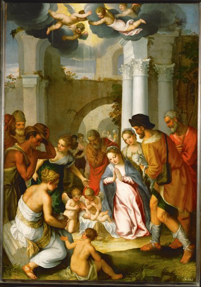 Adoración de los pastores (pintura sobre madera de roble) de Hans I or Johann Rottenhammer