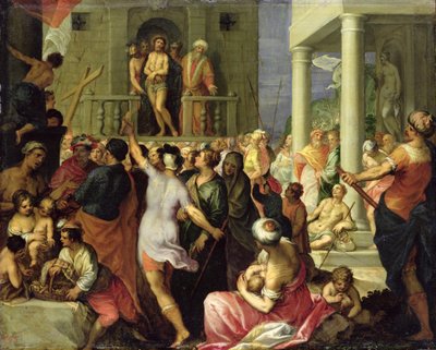 Ecce Homo. Pilato muestra a la multitud a Jesús flagelado de Hans I or Johann Rottenhammer