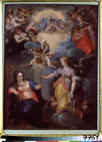 La Anunciación. Pintura de Hans Rottenhammer Ingle (1564-1625). Óleo sobre cobre, 37 x 21 cm. Arte alemán, Manierismo. Museo Estatal de Arte Extranjero de la República de Letonia, Riga (Letonia). de Hans I or Johann Rottenhammer