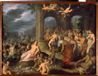 Fiesta de los dioses, el matrimonio de Peleo y Tetis. A la izquierda, divinidades Merin (tritones y naides). En el centro, la diosa de la Tierra Tellus Mater (o Terra Mater o Gaia) con un cuerno abon de Hans I or Johann Rottenhammer