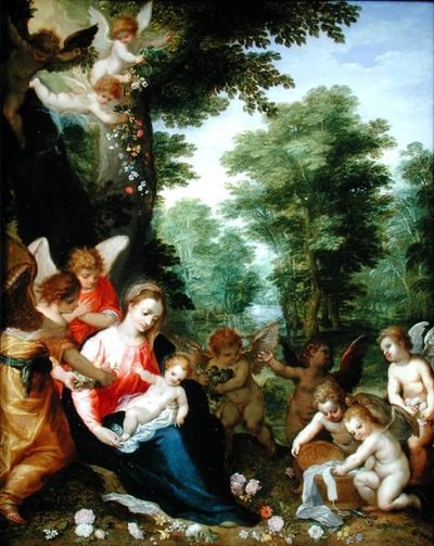 Madonna y Niño con Ángeles en un Paisaje de Hans I or Johann Rottenhammer