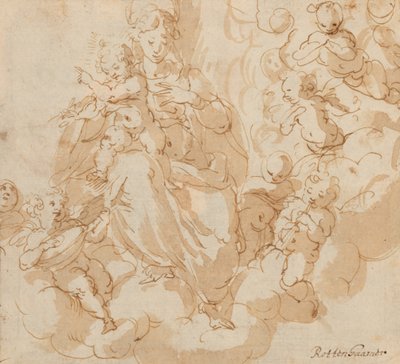 Anverso: La Virgen y el Niño sentados sobre nubes, rodeados de putti de Hans I or Johann Rottenhammer