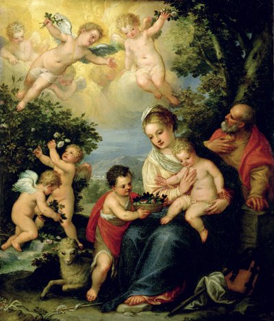 La Sagrada Familia con San Juan Bautista y ángeles dispensando flores de Hans I or Johann Rottenhammer