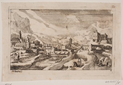Paisaje montañoso con el buen samaritano en primer plano de Hans Jørgen Kirksteen