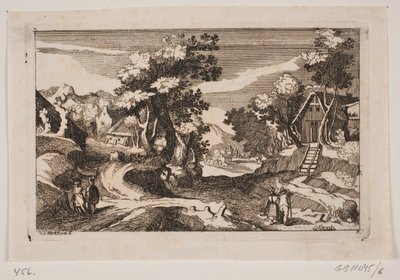 Paisaje ondulado con casas de campesinos. En primer plano una lechera y un campesino con una horca de Hans Jørgen Kirksteen